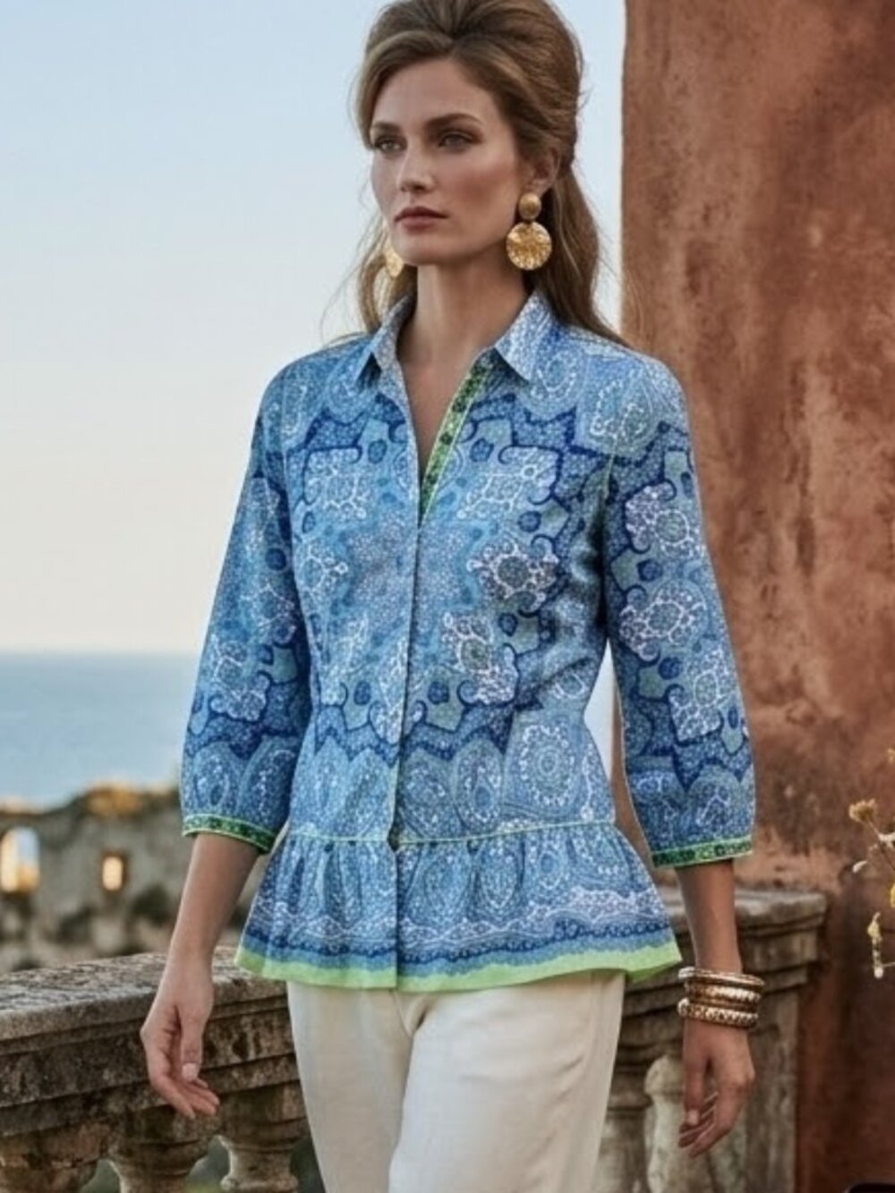Robert Graham Button Down Cotton Embroidered Mosaic Print Peplum Blouse Small